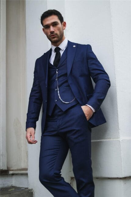 Traje clásico de 3 piezas para hombre, azul marino, con bolsillo y cadena, para boda, corte a medida, estilo vintage formal - Knighthood Store