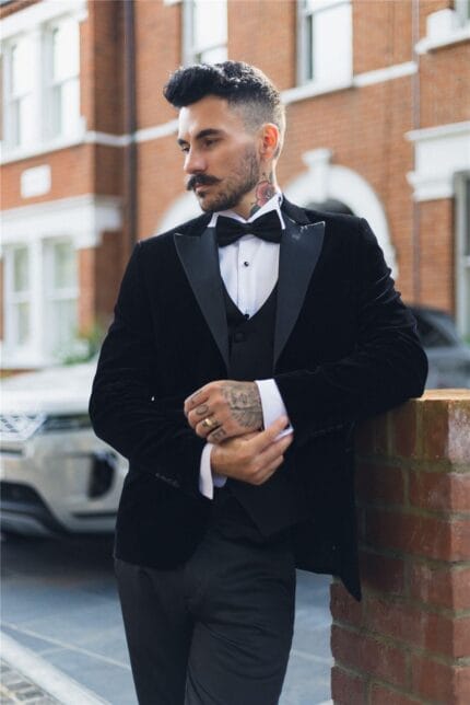 Blazer de esmoquin de terciopelo negro para hombre, con solapas de pico de satén, para boda, graduación, corbata negra - Knighthood Store