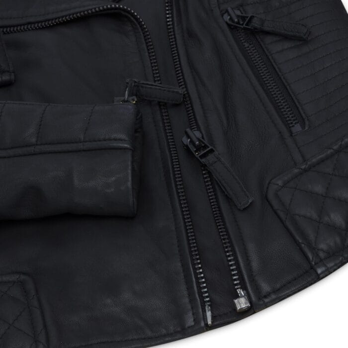 Womens Cross Zip Biker Leather Jacket Matt Black Stitch Design Slim Fit Vintage Retro - Knighthood Store