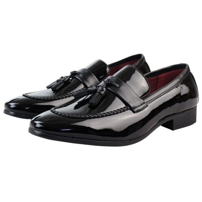 Mocassini da uomo in pelle verniciata, foderati, con nappe, scarpe eleganti - Knighthood Store