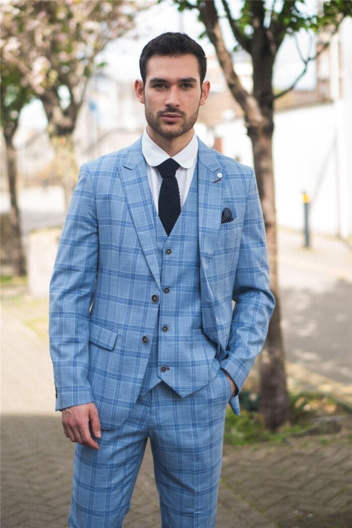 Men's Suit 3 Piece Light Blue Checked Classic Plaid Tailored Fit Formal Dress - Knighthood Store