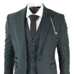 Mens 3 Piece Check Suit Tweed Olive Green Tailored Fit Wedding Peaky Classic - Knighthood Store