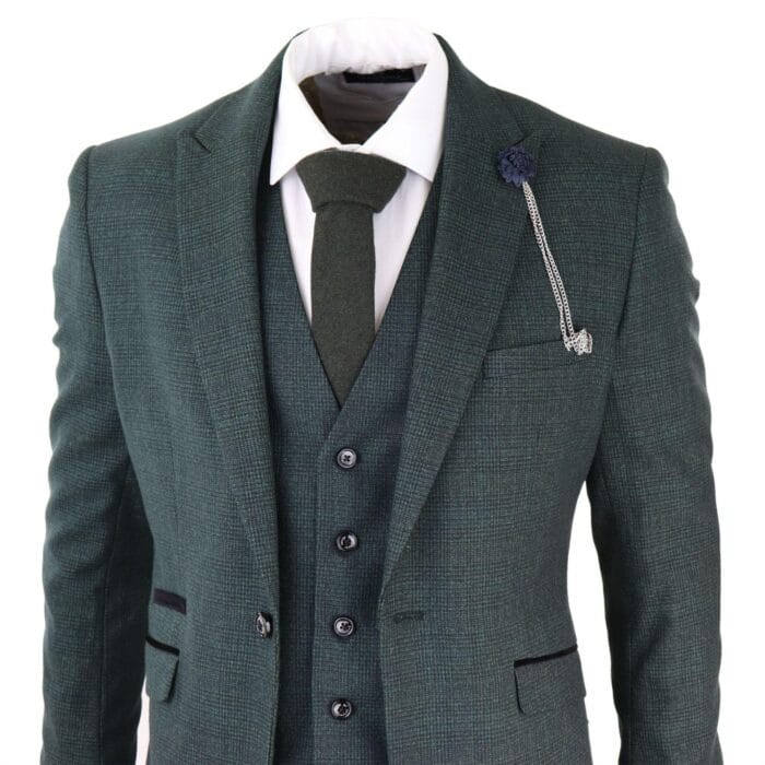 Abito da uomo a tre pezzi a quadri in tweed verde oliva, vestibilità su misura, stile classico Peaky - Knighthood Store