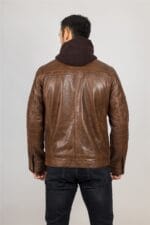 Men's Brown Hooded Genuine Leather Motorcycle Biker Jacket - Image 6