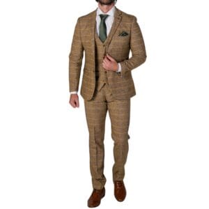 Abito da uomo marrone in tweed a spina di pesce, 3 pezzi, misto lana, elegante - Knighthood Store