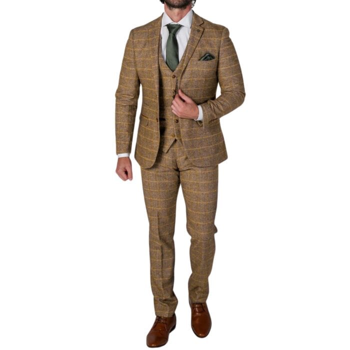 Traje formal de tweed marrón de espiga para hombre, de 3 piezas, en mezcla de lana - Knighthood Store