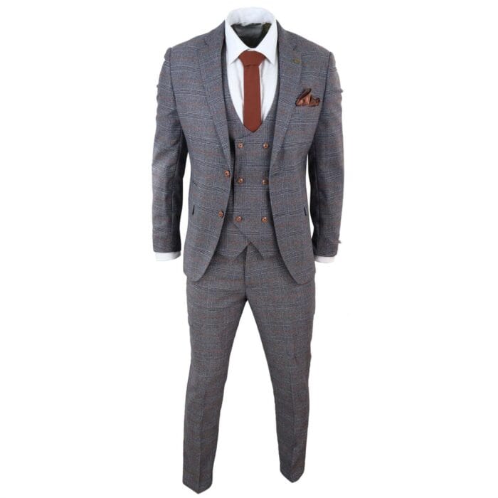Traje de tweed gris de tres piezas, cuadros Príncipe de Gales, corte entallado y chaleco cruzado - Knighthood Store