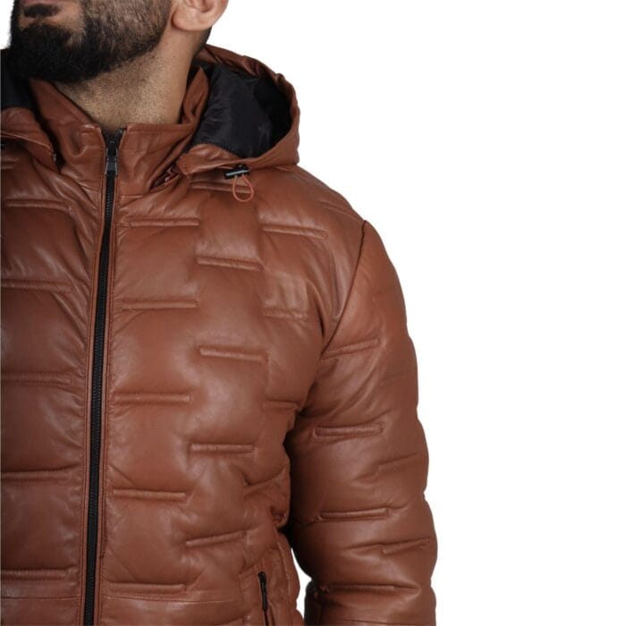 Men's Puffer Quilted Real Leather Jacket Hooded Casual - Knighthood Store
