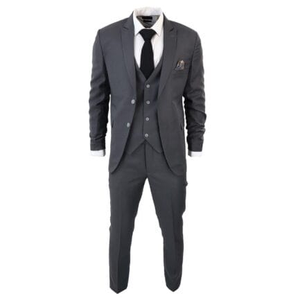Men's Classic Charcoal Grey Suit 3 Piece Tailored Fit Vintage Office Wedding Prom - Knighthood Store