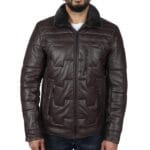 Men's Quilted Padded Real Leather Safari Parka Coat Jacket Fleece Collar - Knighthood Store