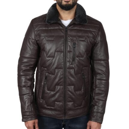 Giacca parka safari trapuntata imbottita in vera pelle da uomo con collo in pile - Knighthood Store