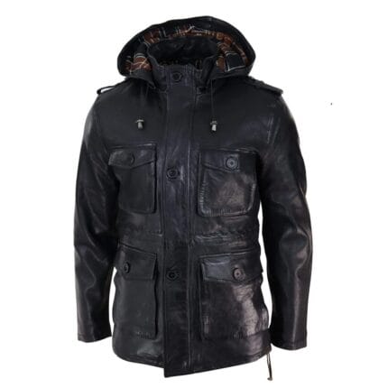 Herren 3/4 lange Dufflecoat aus echtem Leder, Safari-Mantel, abnehmbare Kapuze, Militär - Knighthood Store