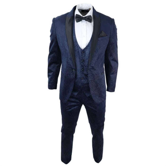 Herrenanzug Marc Darcy Samt Paisley Blau Passform 3-teilig Smoking Smoking Hochzeit - Knighthood Store