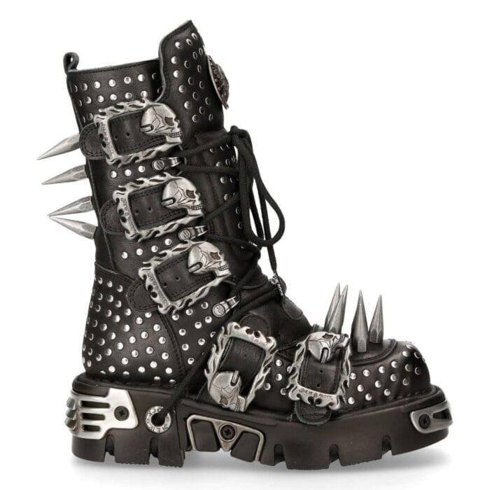 New Rock 1535-S1 Schwarze Militärstiefel aus Leder mit Metallspikes und Schnallen, Punk, EMO - Knighthood Store
