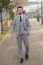 Abito da uomo 3 pezzi grigio blu a quadri classici, vestibilità su misura, abito formale - Knighthood Store