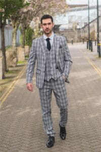 Traje de hombre de 3 piezas, gris azul, cuadros clásicos, corte entallado, formal - Knighthood Store