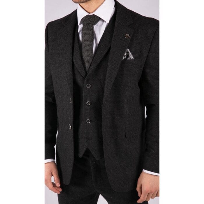 Mens Black Tweed 3 Piece Suit Check Vintage 1920s Gatsby Blinders Tailored Fit - Knighthood Store