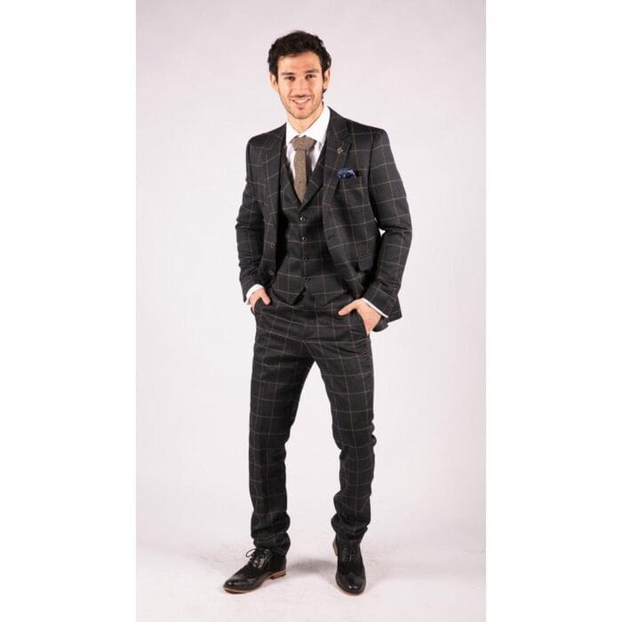 Mens Blue 3 Piece Suit Tan Check Classic Wedding Prom Peaky Tweed Vintage - Knighthood Store