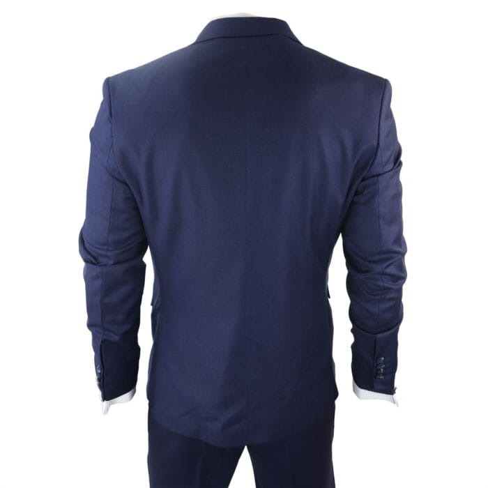 Mens Classic 3 Piece Suit Navy Blue Pocket Chain Wedding Tailored Fit Vintage Formal - Knighthood Store