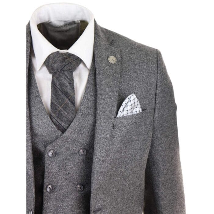 Abito da uomo in lana grigia, 3 pezzi, gilet doppiopetto, tweed, anni '20 - Knighthood Store