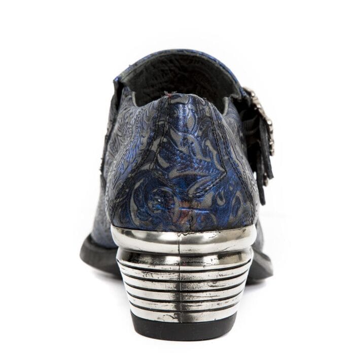 New Rock 7960-s7 Shoe Embossed Vintage Blue Leather Buckle Steel Heel Shoes - Knighthood Store