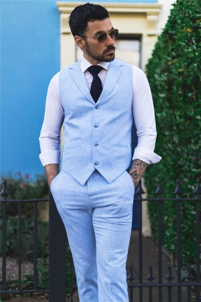 Abito estivo da uomo con gilet, pantaloni, lino, elegante, formale, celeste, da sposa - Knighthood Store