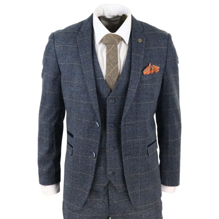 Abito da uomo a tre pezzi a quadri blu, in tweed a spina di pesce, vestibilità vintage, su misura, in velluto grigio - Knighthood Store
