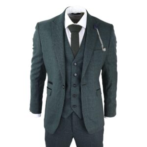 Mens 3 Piece Check Suit Tweed Olive Green Tailored Fit Wedding Peaky Classic - Knighthood Store