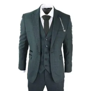 Mens 3 Piece Check Suit Tweed Olive Green Tailored Fit Wedding Peaky Classic - Knighthood Store