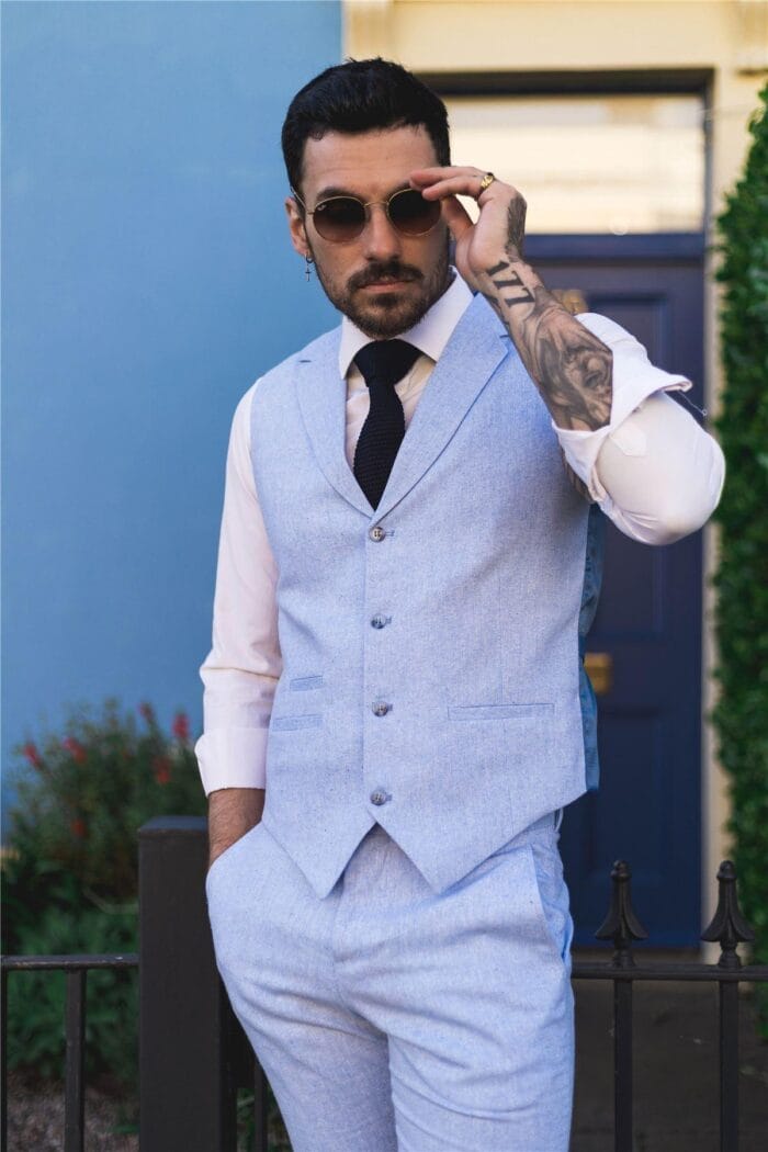 Abito estivo da uomo con gilet, pantaloni, lino, elegante, formale, celeste, da sposa - Knighthood Store