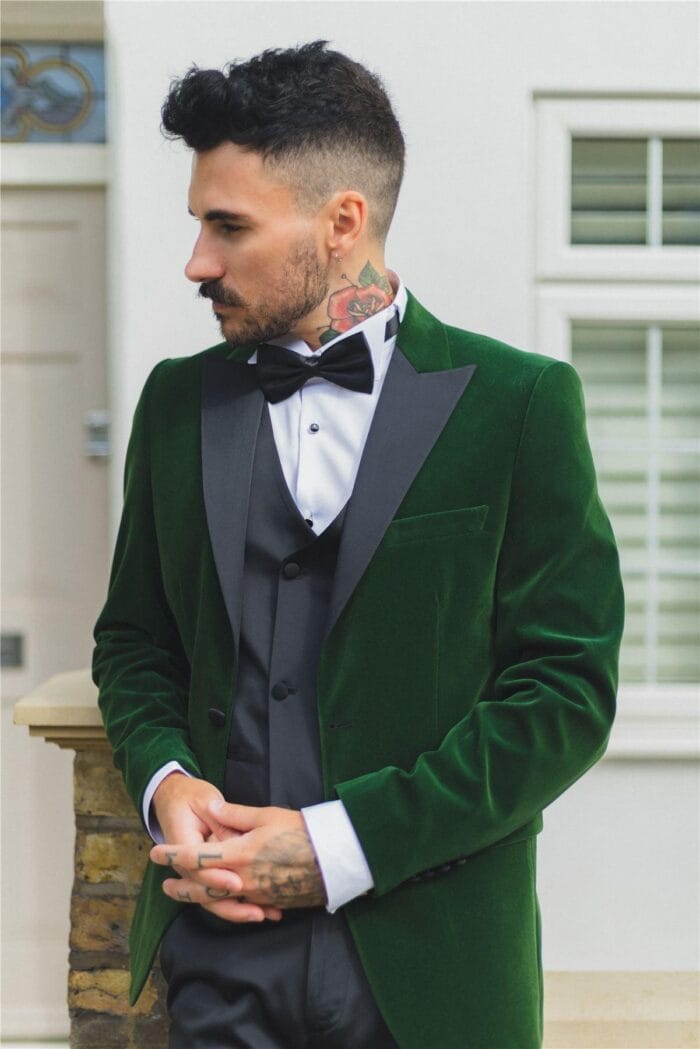 Grüner Herren-Smoking aus Samt, Blazer, Satin, steigendes Revers, Dinnerjacket, Hochzeit, Abschlussball, schwarze Krawatte – Knighthood Store