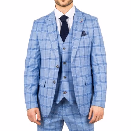 Men's Blazer Light Blue Checked Classic Sport Coat Plaid Tailored Fit - Knighthood Store