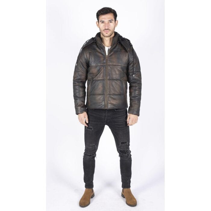 Mens Puffer Hood Jacket Real Leather Black Brown Casual Retro 80s Classic Casual - Knighthood Store