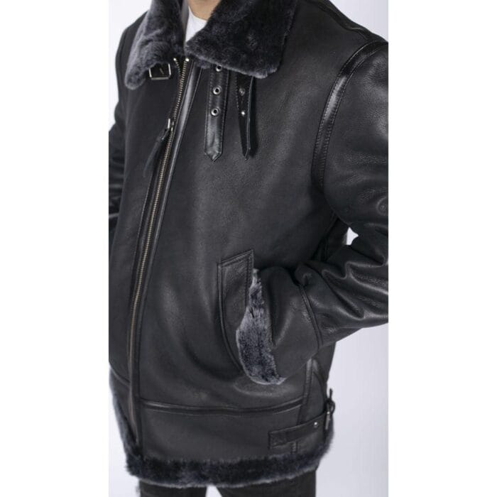 Mens Genuine Sheepskin Leather B3 Flying Aviator Jacket Black Grey Fur - Knighthood Store