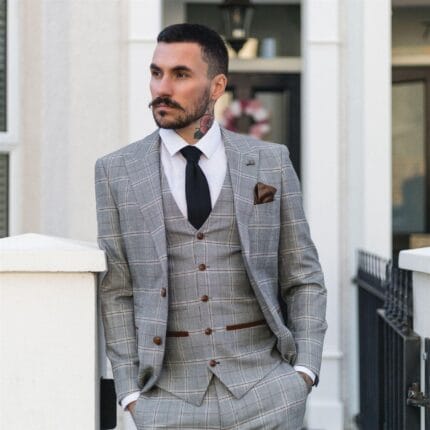 Traje gris de 3 piezas para hombre, con ribetes de terciopelo a cuadros marrones tostados, corte vintage para boda - Knighthood Store