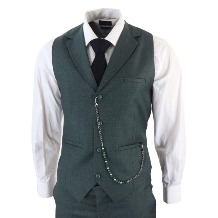 Mens Classic 3 Piece Suit Olive Green Pocket Chain Wedding Tailored Fit Vintage Formal - Knighthood Store