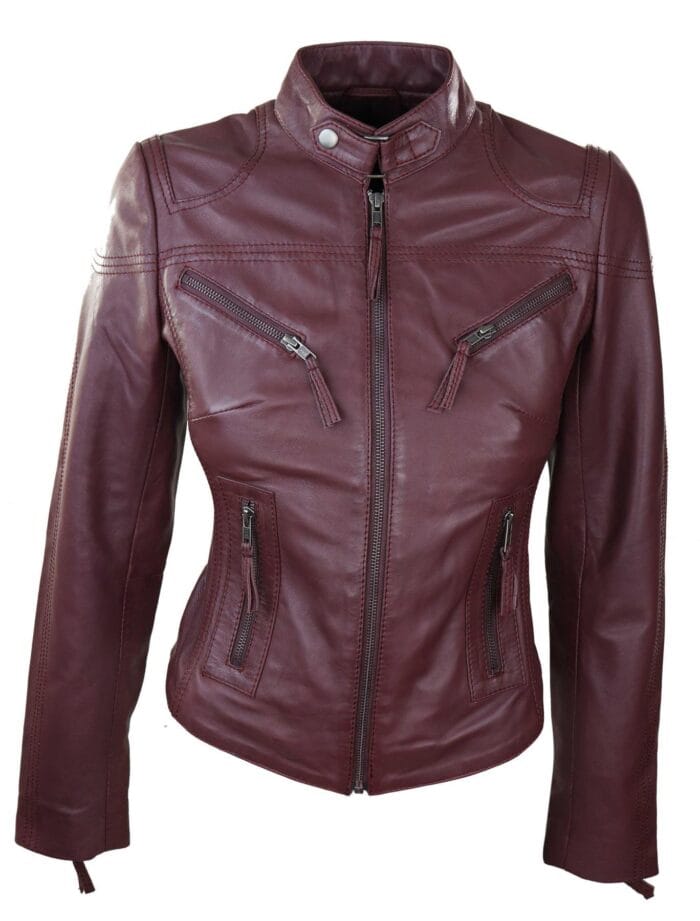 Damen Bikerjacke aus echtem Leder in Slim Fit, Marineblau - Knighthood Store