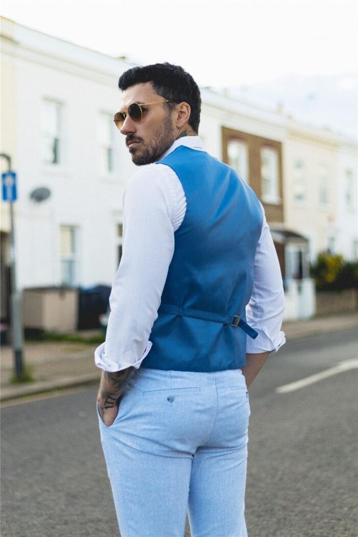 Abito estivo da uomo con gilet, pantaloni, lino, elegante, formale, celeste, da sposa - Knighthood Store