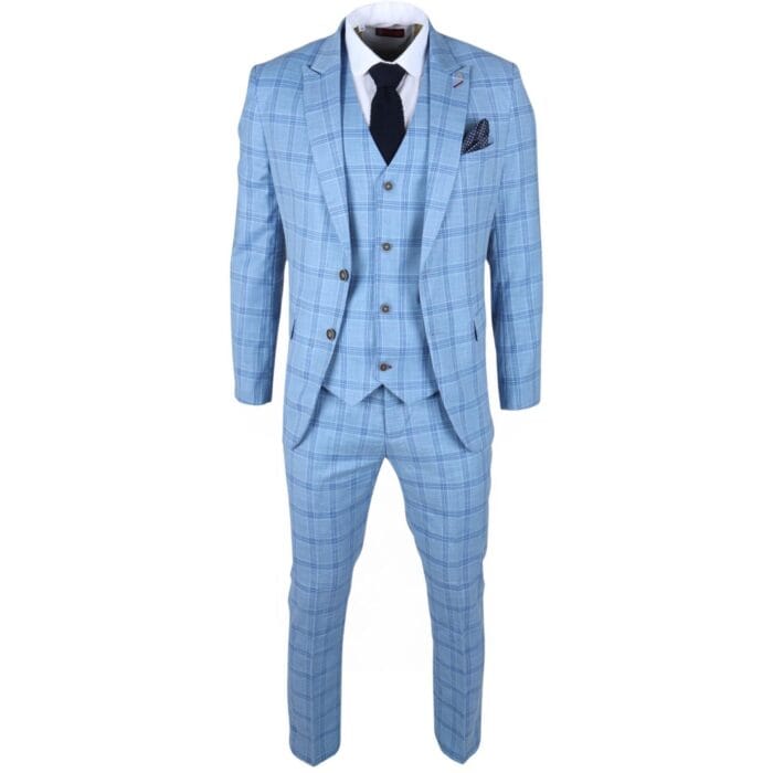 Men's Suit 3 Piece Light Blue Checked Classic Plaid Tailored Fit Formal Dress - Knighthood Store