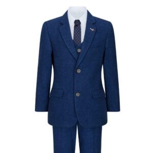 Boys 3 Piece Wool Suit Blue Tweed Vintage 1920s Classic 4 Pocket Waistcoat - Knighthood Store