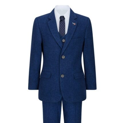 Boys 3 Piece Wool Suit Blue Tweed Vintage 1920s Classic 4 Pocket Waistcoat - Knighthood Store