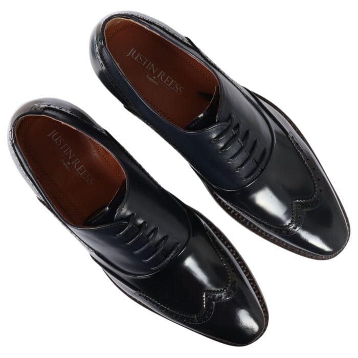 Scarpe da uomo in pelle verniciata blu navy con lacci, stile brogue, eleganti e formali - Knighthood Store