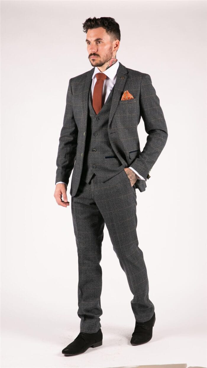 Abito da uomo a tre pezzi a quadri blu, in tweed a spina di pesce, vestibilità vintage, su misura, in velluto grigio - Knighthood Store