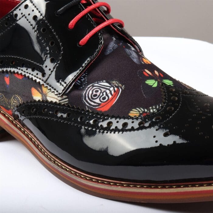 Scarpe da uomo in pelle verniciata con stampa a farfalla, stringate, stile brogue, eleganti e formali - Knighthood Store