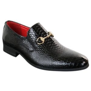 Zapatos negros de charol brillante para hombre, sin cordones, de piel de cocodrilo y serpiente, con hebilla dorada - Knighthood Store