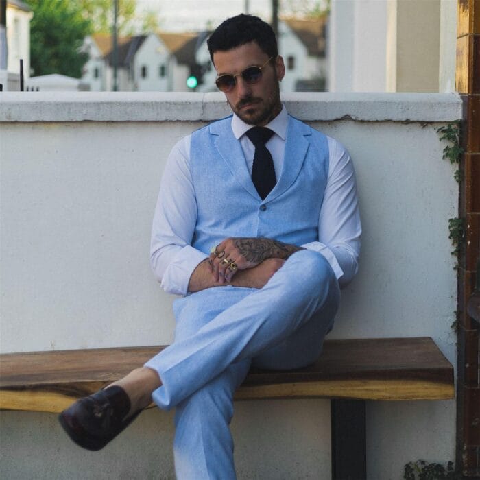 Completo estivo da uomo con gilet, pantaloni, lino, elegante, formale, blu reale, da sposa - Knighthood Store