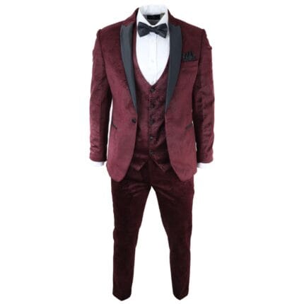 Abito da uomo Marc Darcy in velluto Paisley bordeaux, 3 pezzi, smoking, giacca da cena, matrimonio - Knighthood Store