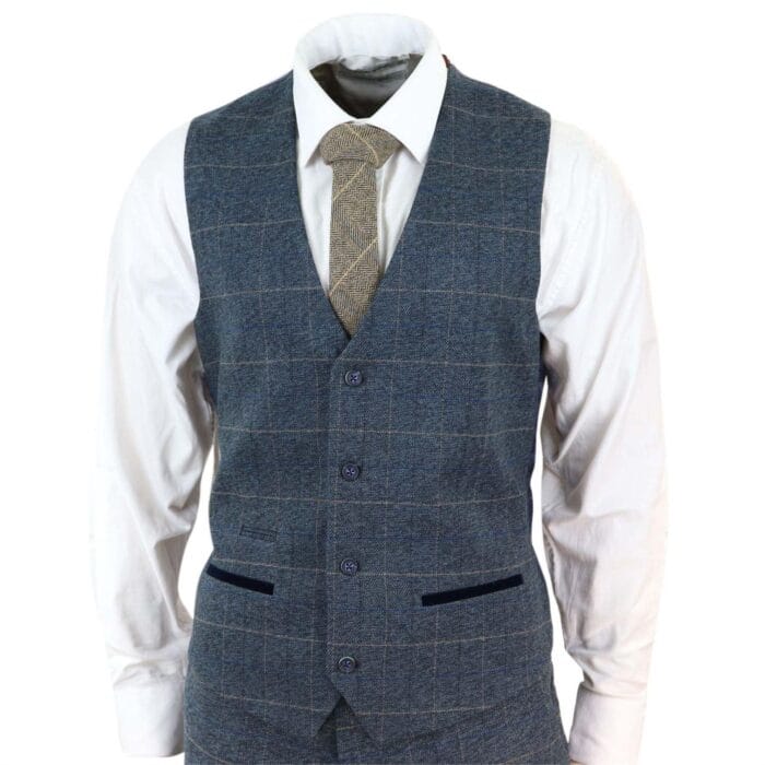 Abito da uomo a tre pezzi a quadri blu, in tweed a spina di pesce, vestibilità vintage, su misura, in velluto grigio - Knighthood Store
