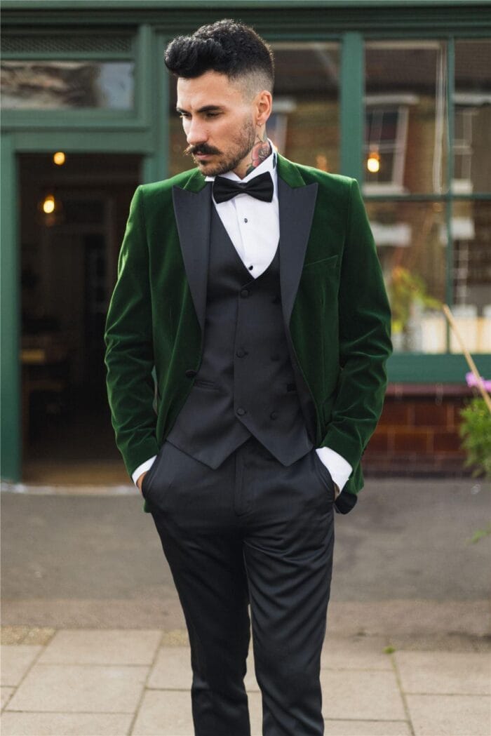 Grüner Herren-Smoking aus Samt, Blazer, Satin, steigendes Revers, Dinnerjacket, Hochzeit, Abschlussball, schwarze Krawatte – Knighthood Store