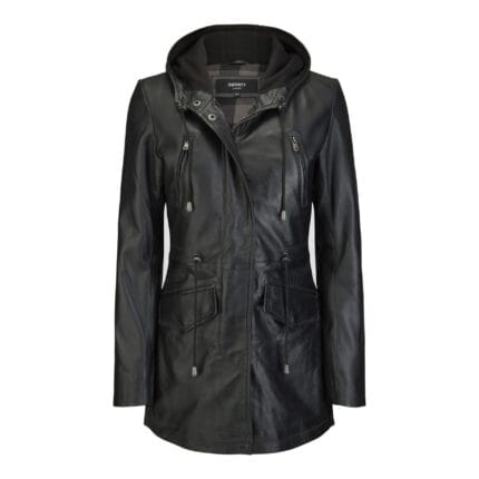Womens Real Leather Peacoat Hooded Parka Jacket Navy Blue Brown Tailored Fit 3/4 Long - Knighthood Store